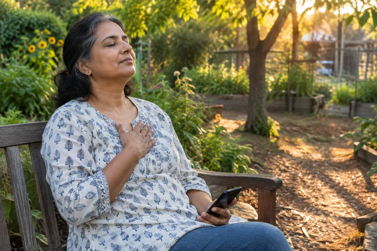 A woman sits on a garden bench, one hand holding a phone and the other over her heart, eyes closed in relief.