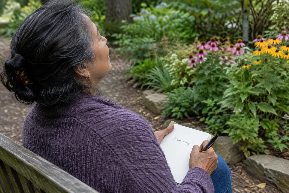 A woman in her sixties sits on a garden bench, writing 'I am enough' in a journal