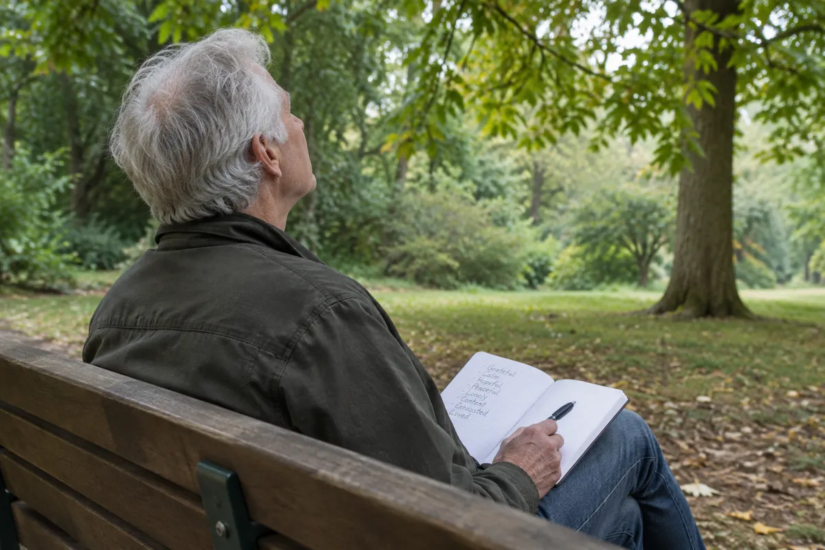 A man in his sixties sits on a park bench, looking up from a notebook with a handwritten list of emotions, pen in hand.