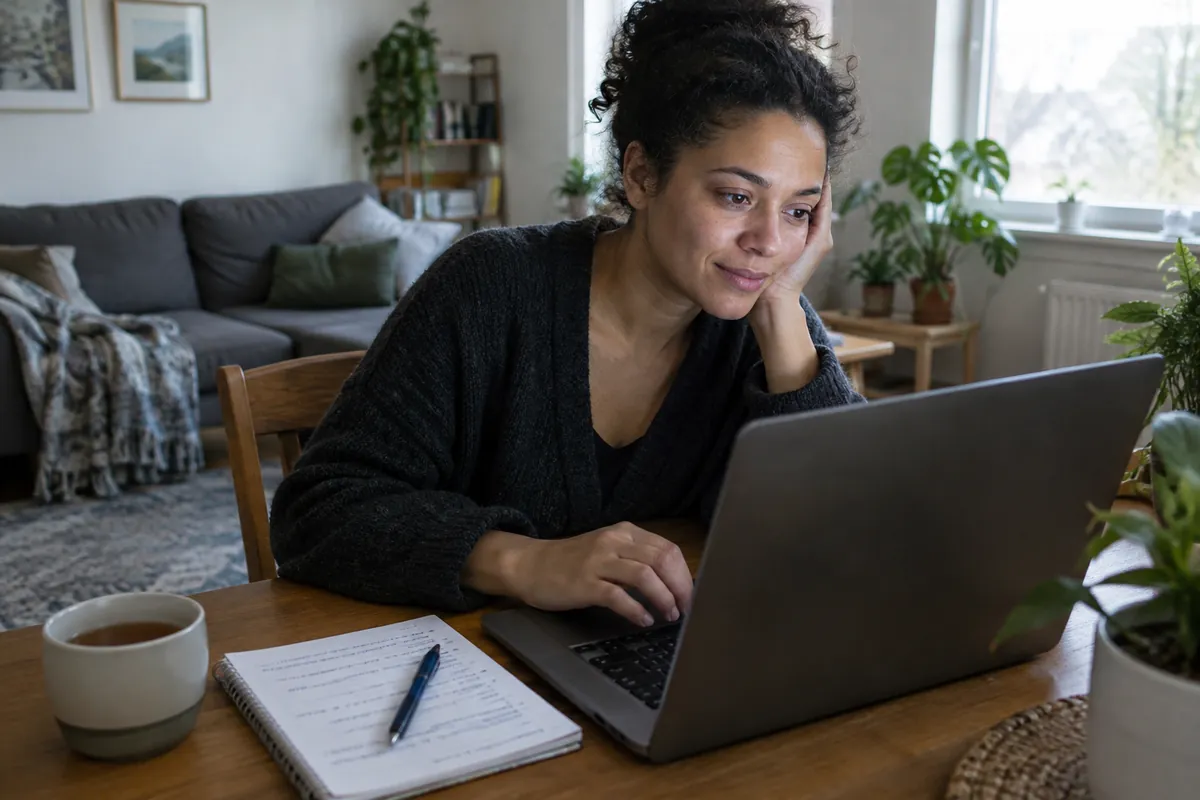 A woman at her desk searching on a laptop for free therapy options, a notepad with clinic names beside her