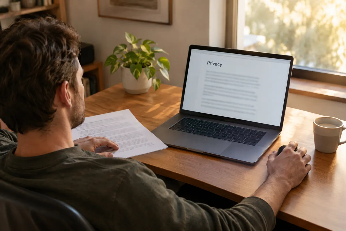Man at his desk in late afternoon light, reviewing a privacy policy on his laptop with a printed copy beside him, looking.