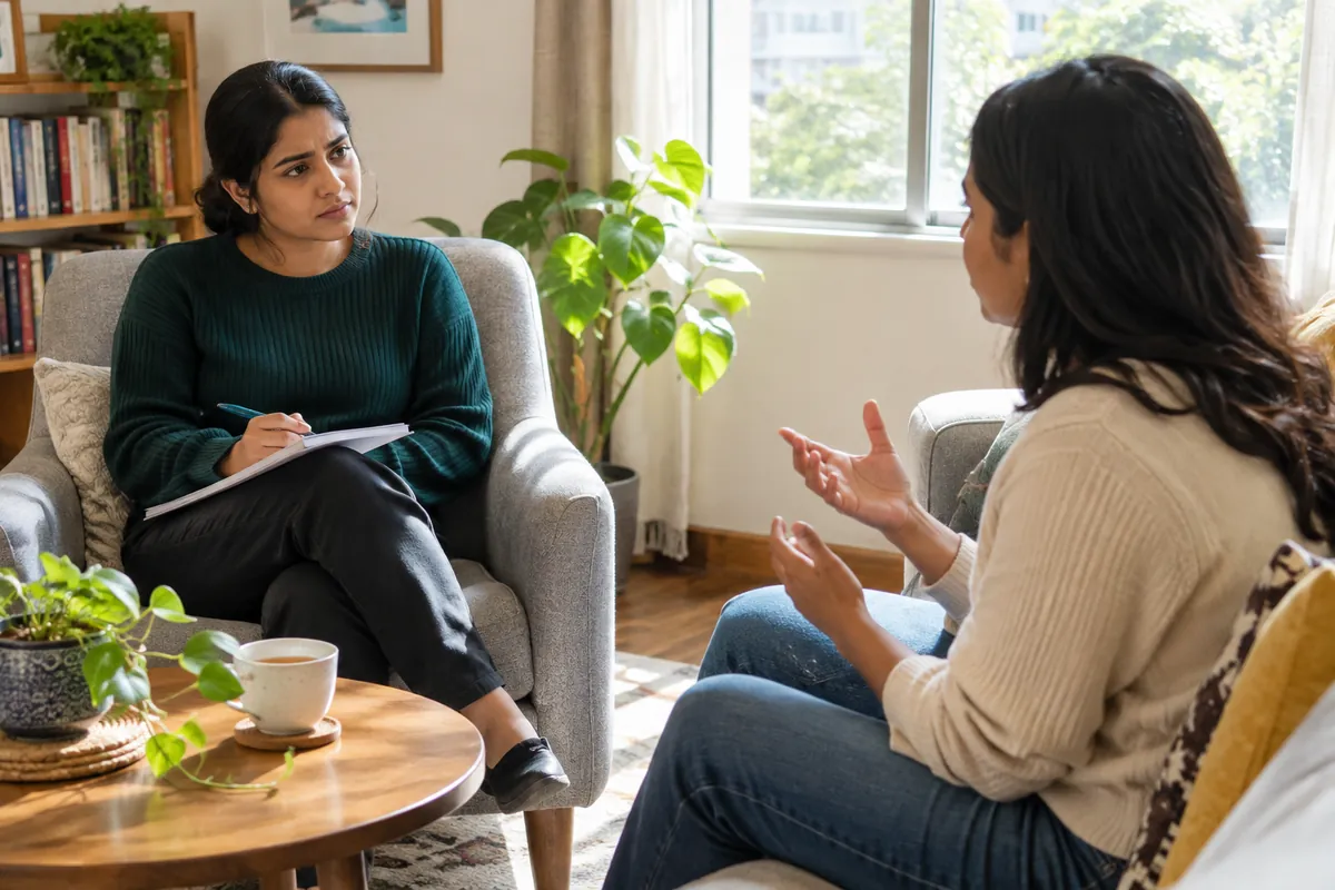 A young South Asian woman sits in an armchair facing another woman on a sofa, holding a notebook and pen, in a bright living.