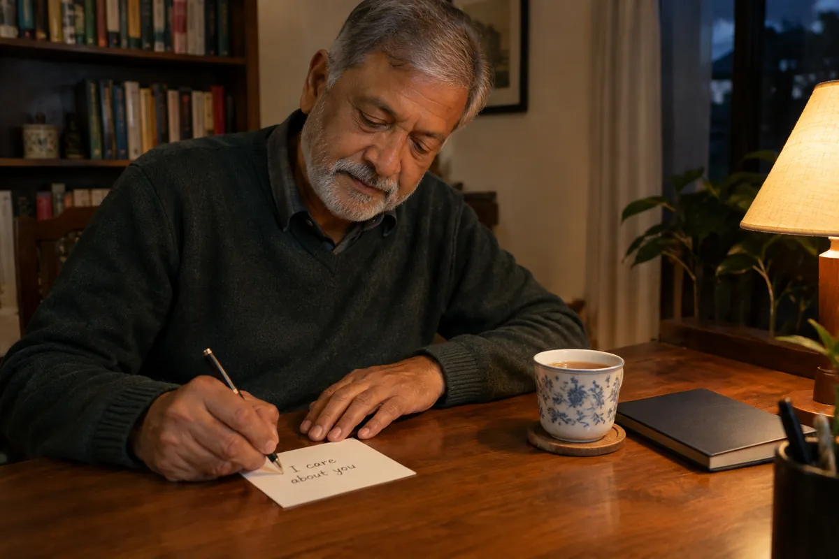A South Asian man in his sixties sits at a desk in warm lamplight, writing a note that says I care about you.