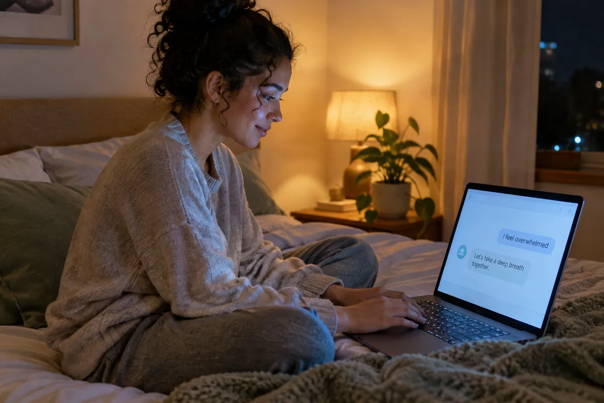 A woman sitting on her bed at night, looking at her laptop with a calm expression, a chat conversation visible on the screen.