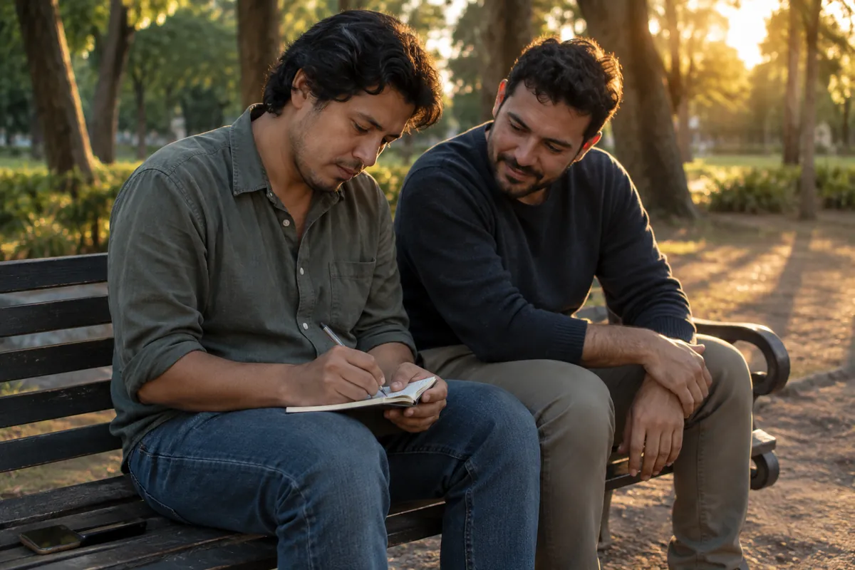 A man sits on a park bench writing in a notepad while a friend looks on, golden light on their faces.