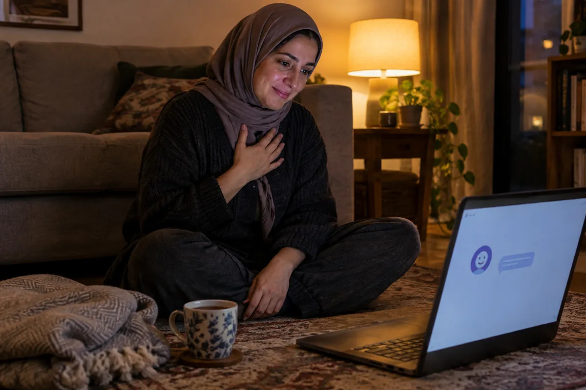 A woman sits on her living room rug in the evening, smiling softly at a chat message on her laptop.