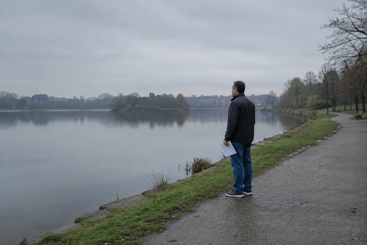 Middle Eastern man in his forties stands by a lake in overcast light, holding a printed list of local mental health.