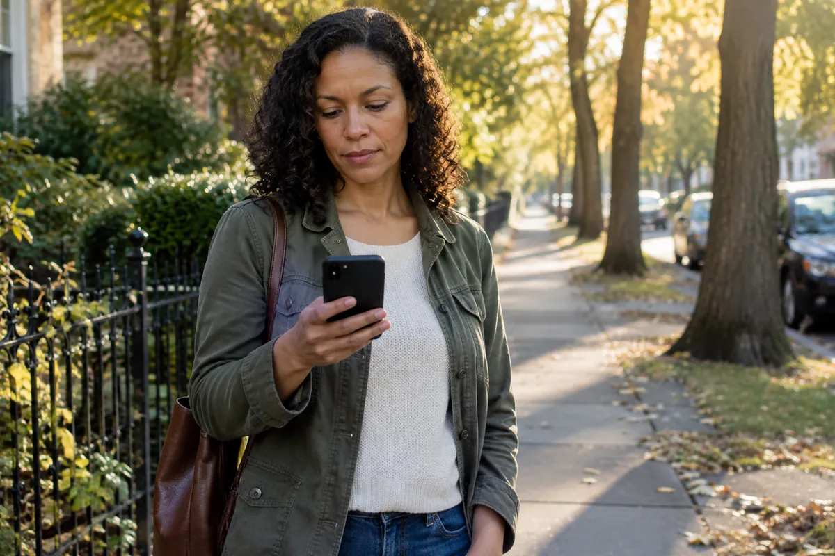 A woman standing on a sidewalk in golden light, reading from her phone with a calm, firm expression.