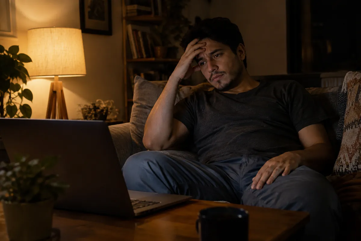 A man on his couch on a Sunday evening, tensely looking at his work laptop