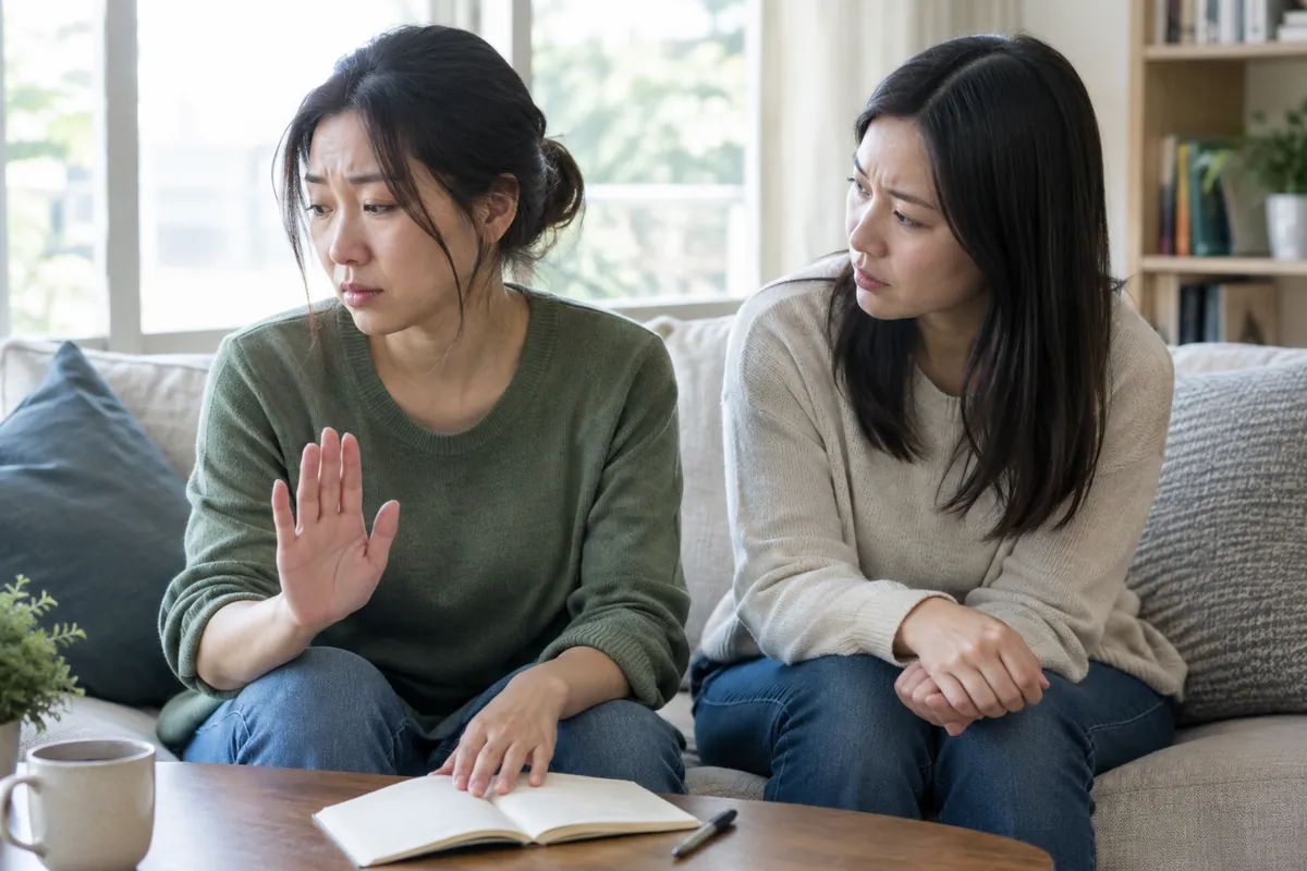 A woman on a sofa raises a hand in a stop gesture while looking down, a friend sits beside her, morning light fills the.