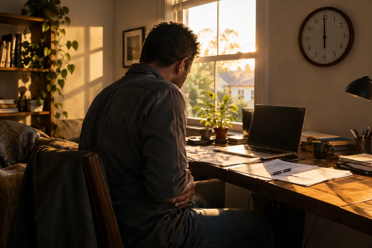 A man at his desk on a Sunday evening, hand on his stomach, looking at his work laptop.