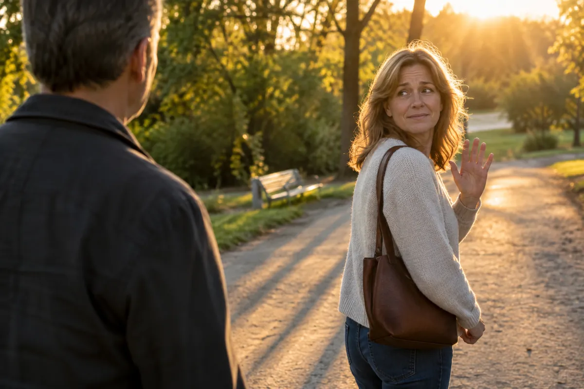 A woman in her fifties walking away on a park path in golden light, waving gently over her shoulder with a hesitant smile.