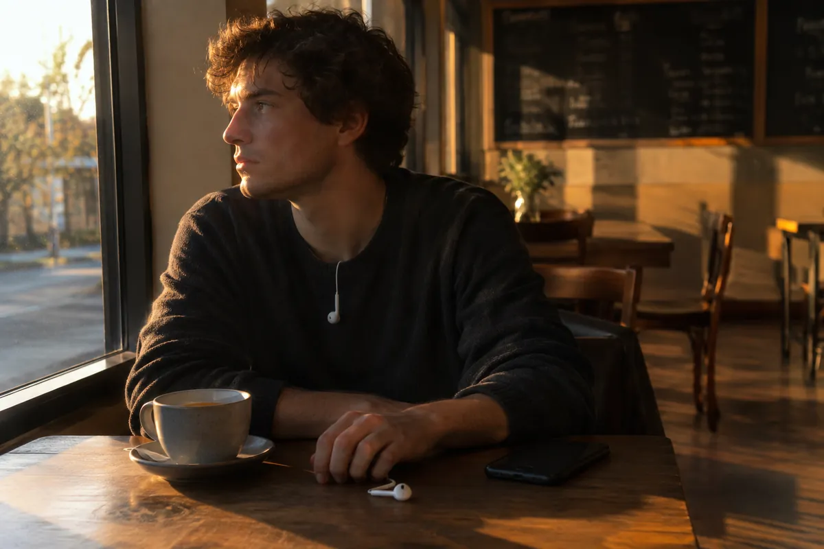 A man in his twenties in a café at late afternoon, one earbud on the table beside an untouched tea, staring out the window.