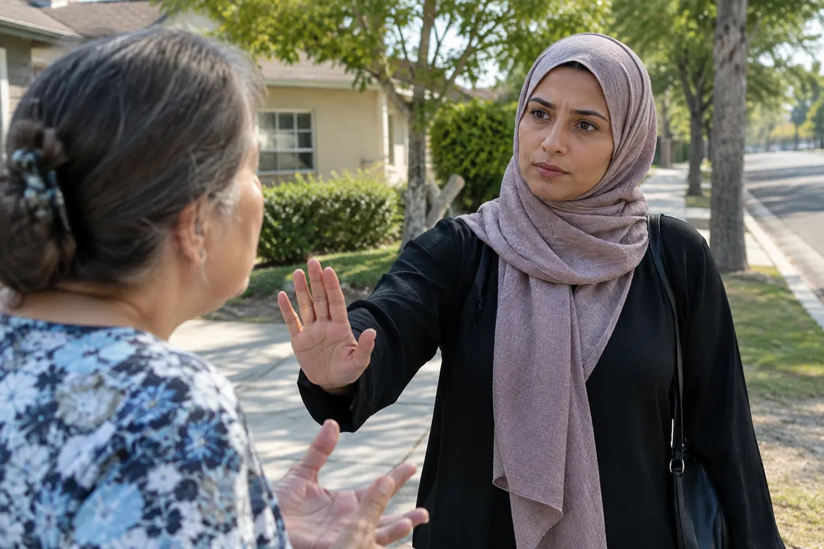 A woman on a suburban sidewalk raising her hand in a firm stop gesture toward an older woman.