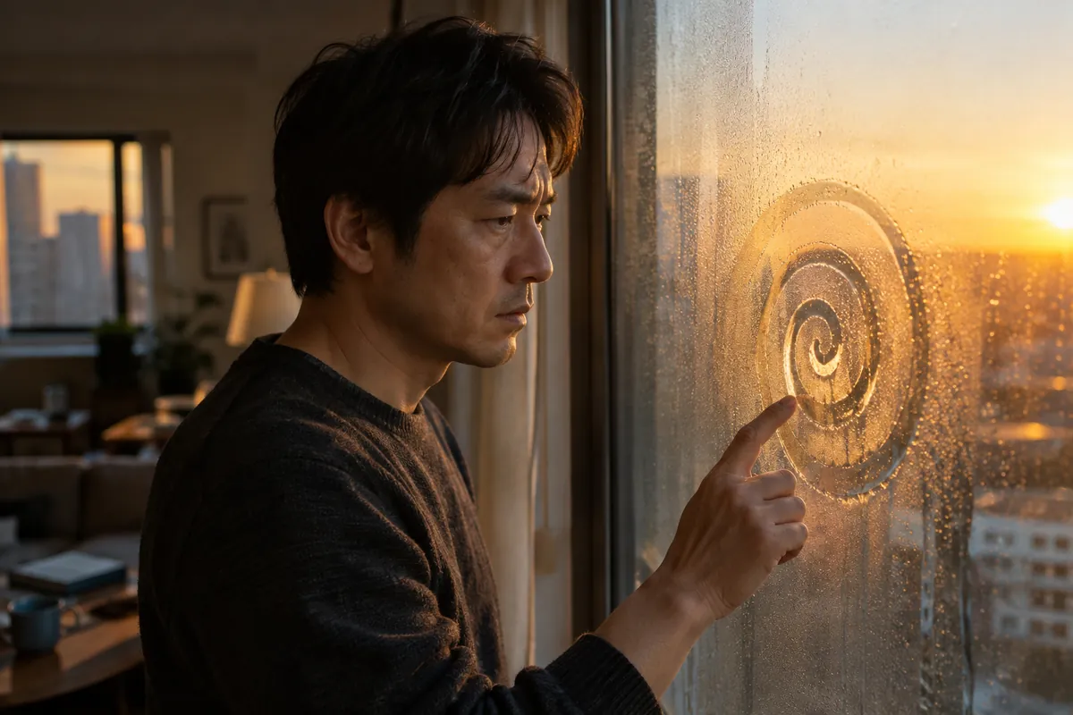 A man in his forties stands by a window, tracing a spiral in the condensation with his finger, looking tense.