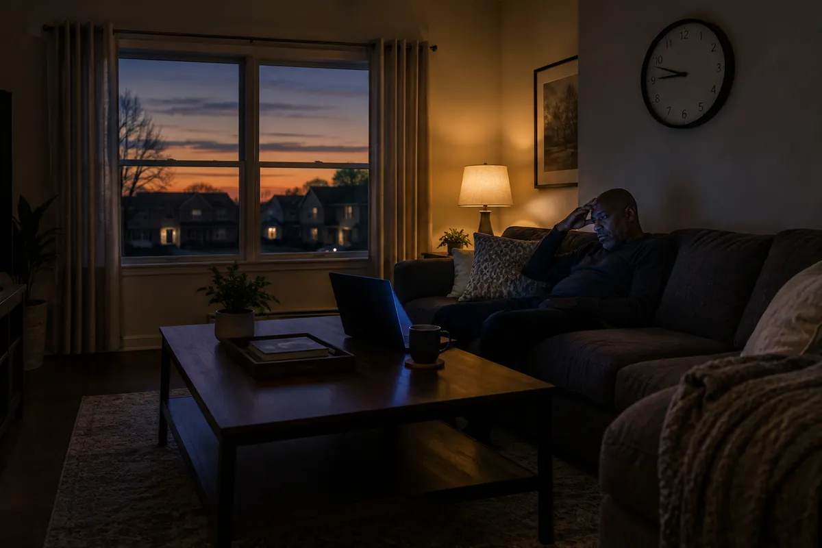 A man on his sofa on a Sunday evening, looking tensely at his work laptop.