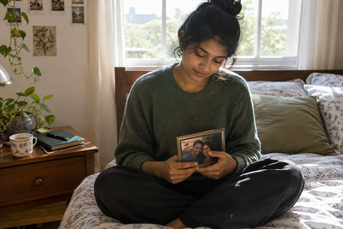 A woman sits on her bed in morning light, holding a framed photo of a couple, looking at it gently.