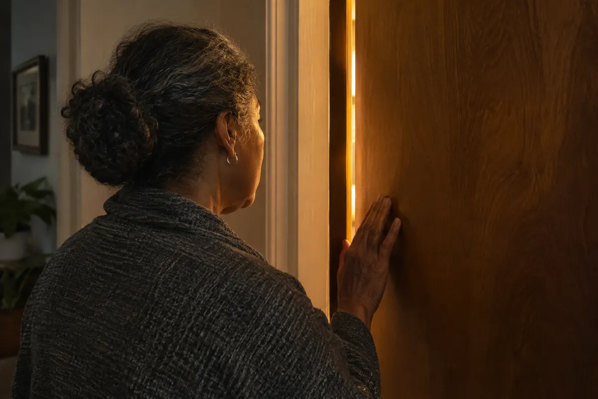 A woman seen from behind, reaching toward a slightly open door with warm light coming through.