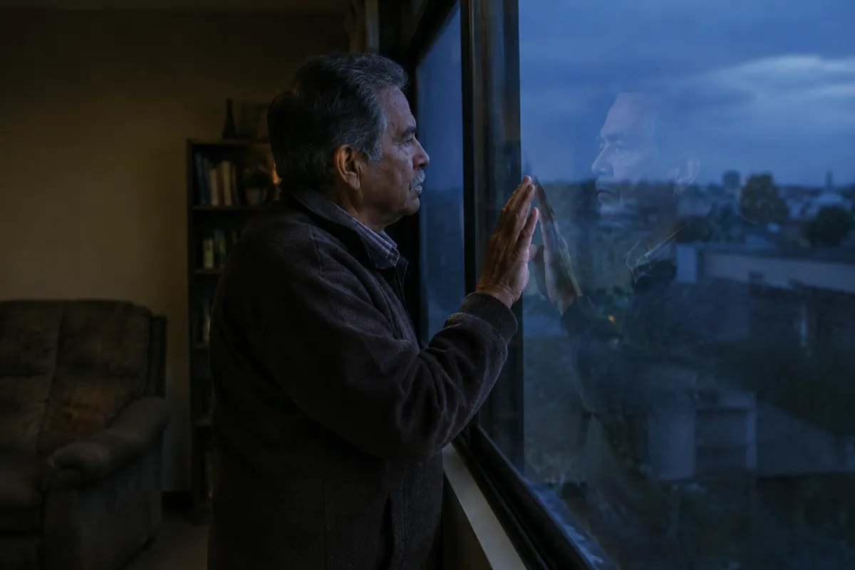 A Latin American man in his sixties touching his reflection in a window at dusk, looking at himself with quiet uncertainty.